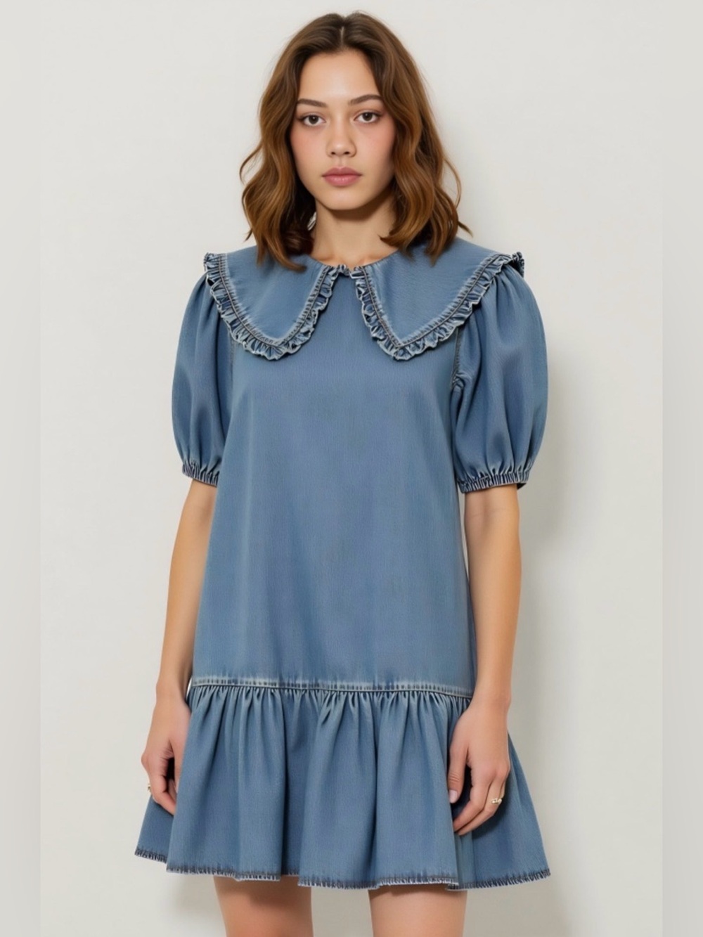 Modenaire Denim Ruffle Peter Pan Collar Babydoll Mini Dress Size M